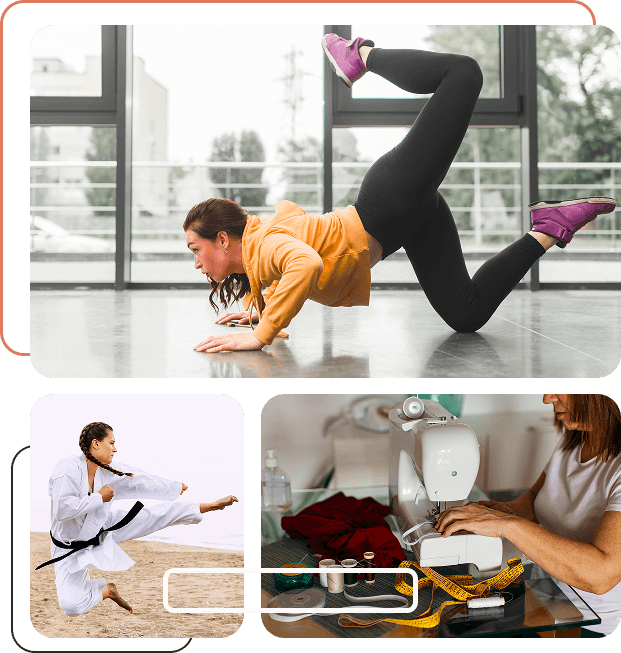 Studio training collage: floor exercise, Kung Fu kick, and tailoring work